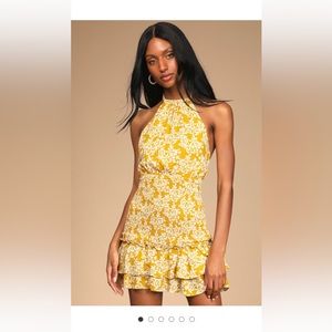 Budding Palette Yellow Floral Print Smocked Halter Mini Dress in Medium